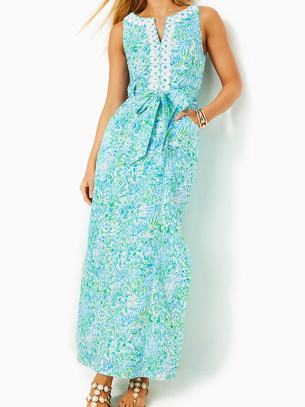 Lilly Pulitzer Gulianna Stretch Maxi Shift Dress Hydra Blue Dandy Lions Size 0